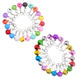 Two sets of colorful pet collar bells with silver metal clasps, arranged in circular patterns on a plain white background.
