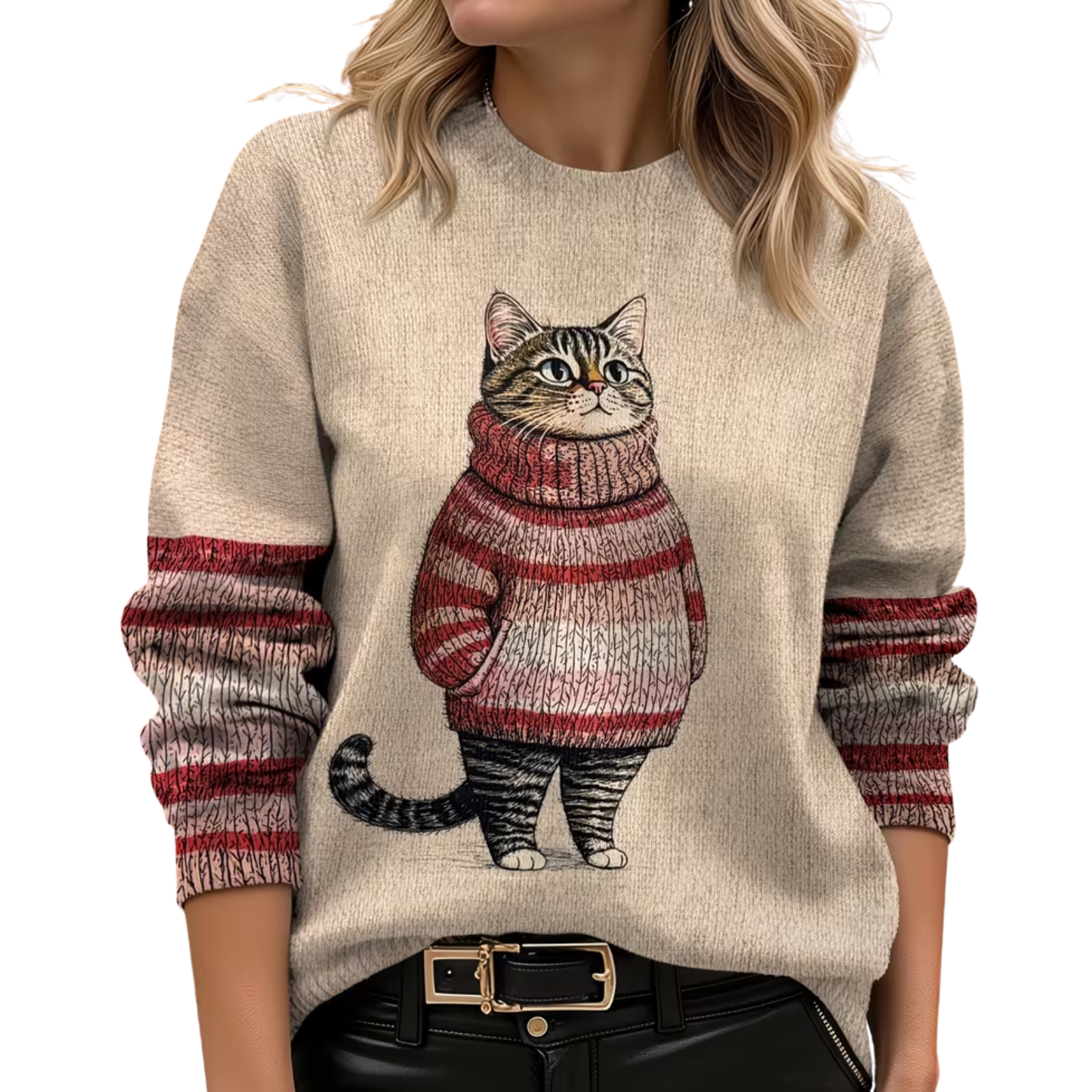 A woman wearing a beige crewneck sweater featuring a graphic of a cat in a red and gray striped sweater, with red and gray striped knit cuffs. The model is also wearing black leather pants with a gold buckle.
