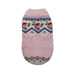 A pink knit pet sweater with a Fair Isle pattern featuring blue, red, and green accents, shown against a plain white background.