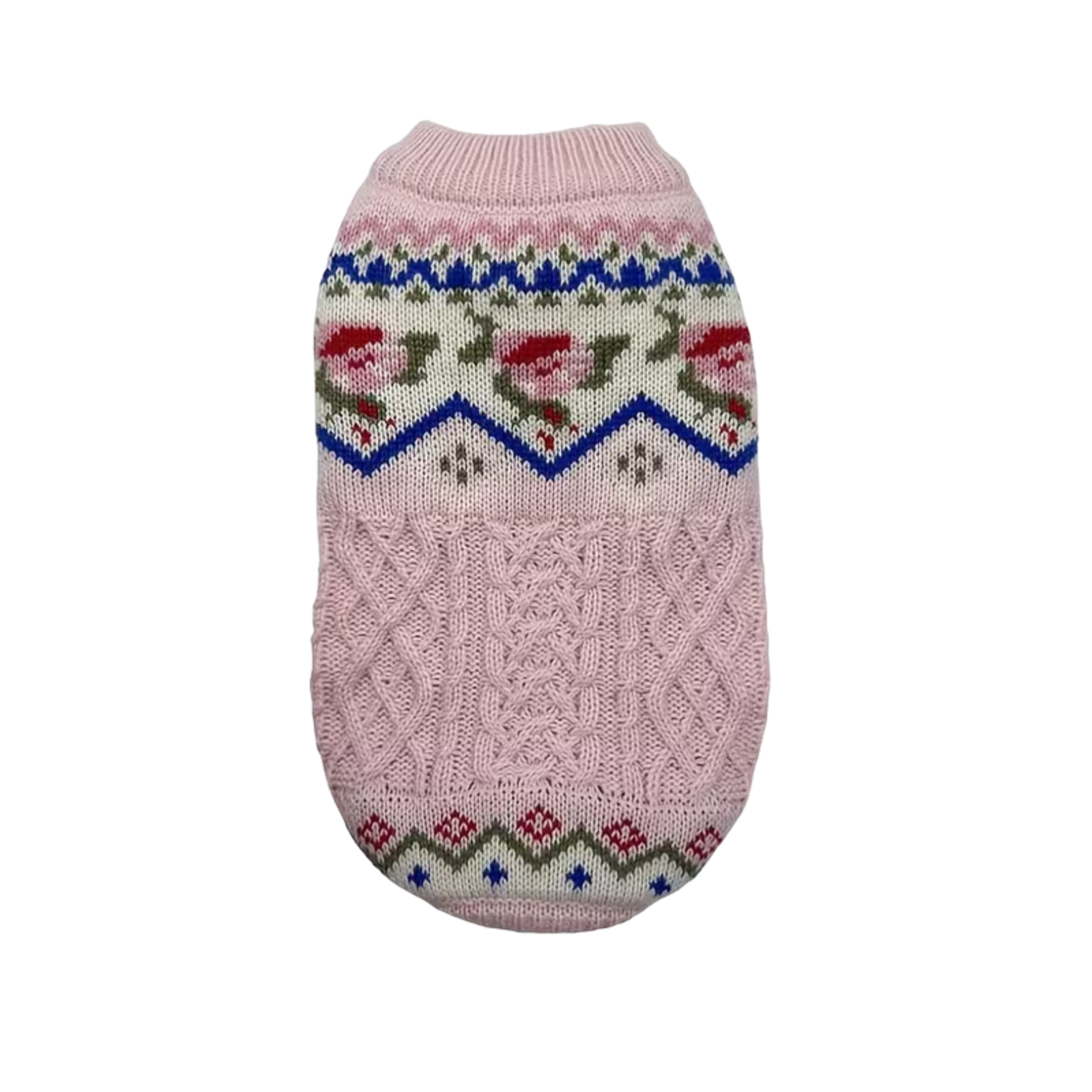 A pink knit pet sweater with a Fair Isle pattern featuring blue, red, and green accents, shown against a plain white background.