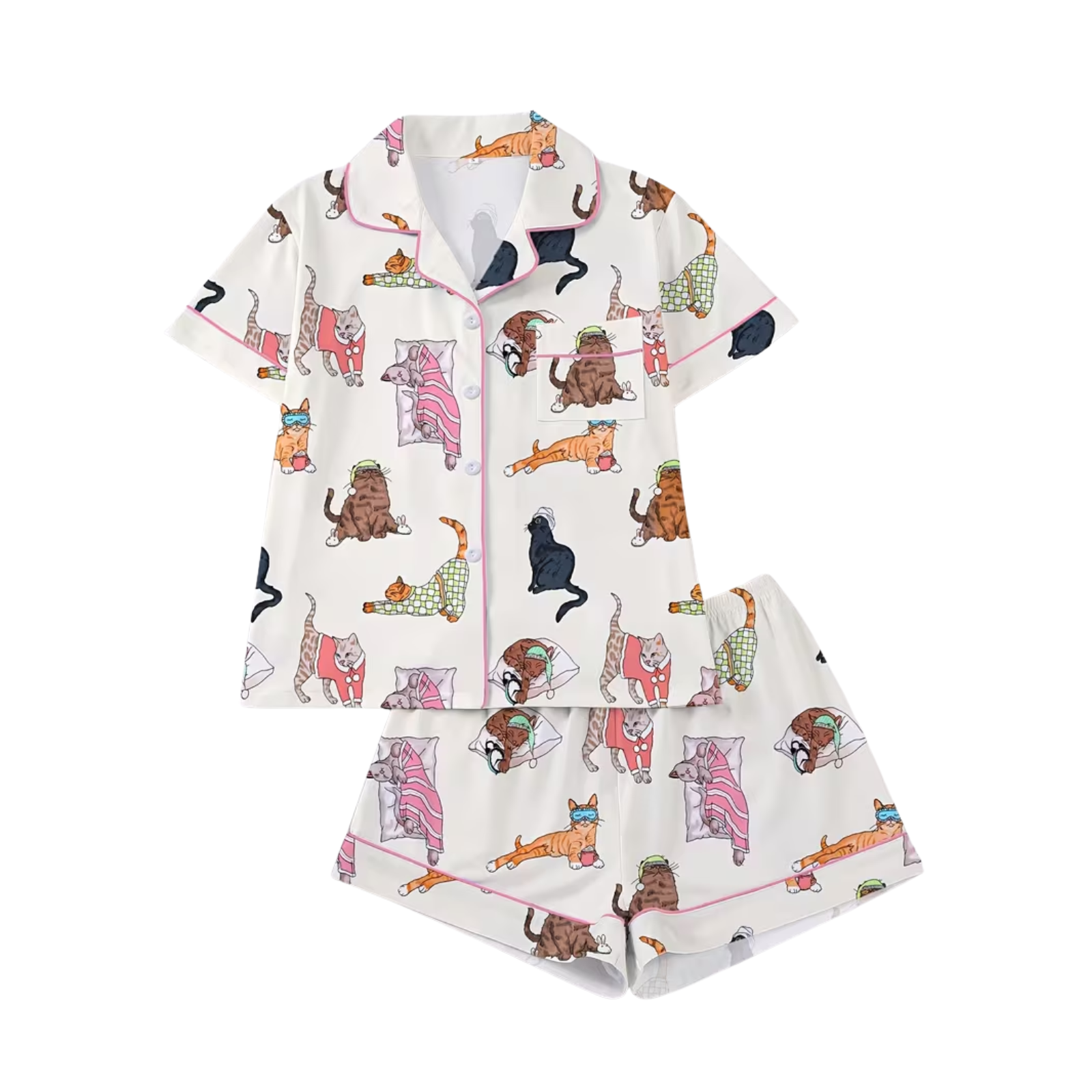 A two-piece pajama set featuring a short-sleeve button-front top and matching shorts in an off-white base with a colorful cartoon cat print, displayed on a clean white background.