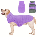 Dog wearing a purple plush coat with additional purple coat and gray interior shown above.
