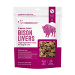 A 3 oz bag of Small Batch Pets Freeze-Dried Bison Livers single-ingredient dog and cat treats. The packaging is white with magenta accents, featuring a pink bison illustration and a clear window showing the freeze-dried brown treats inside.