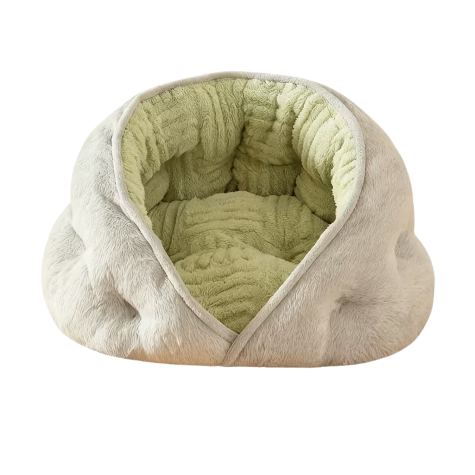 A plush pet bed with a soft, cloud-like shape, featuring a light grey fuzzy exterior and a textured light green ribbed interior, shown against a plain white background.