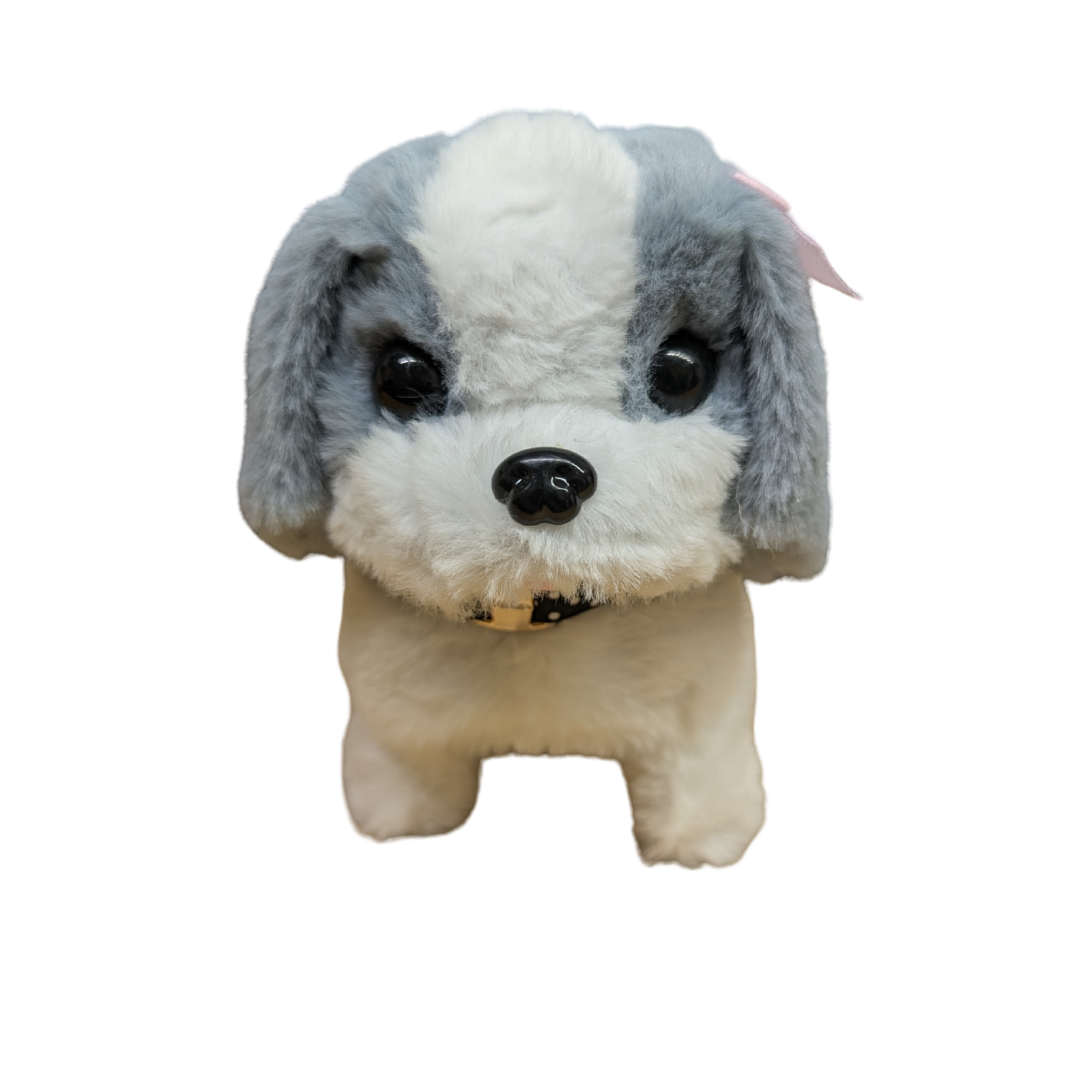 A small plush dog toy with gray and white fur, large black eyes, and a black nose, shown against a plain white background.