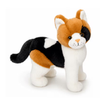 A plush toy cat in a tri-color pattern of orange, black, and white, standing against a plain white background.
