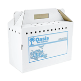 A white Oasis Pet Carrier box with blue printed branding and animal illustrations on the front, shown on a plain white background.