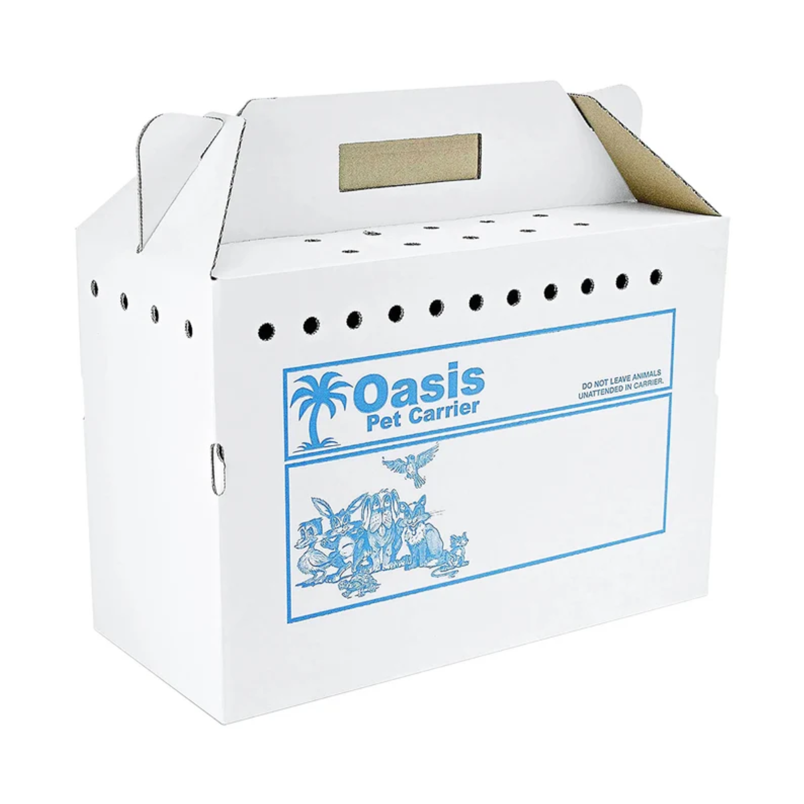 A white Oasis Pet Carrier box with blue printed branding and animal illustrations on the front, shown on a plain white background.