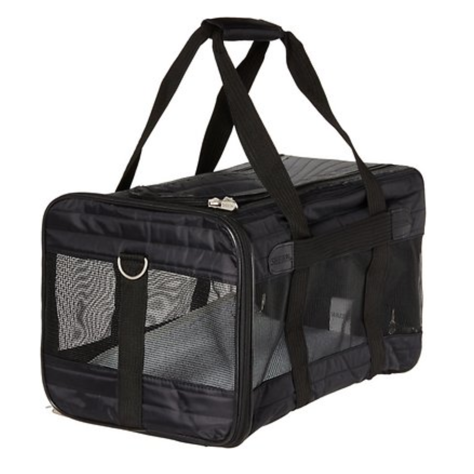 A black pet carrier bag with mesh windows and dual top handles, shown on a plain white background.