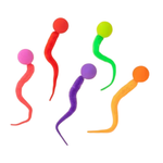 Five colorful worm-like toys with round heads in pink, red, lime green, purple, and orange, arranged on a plain white background.