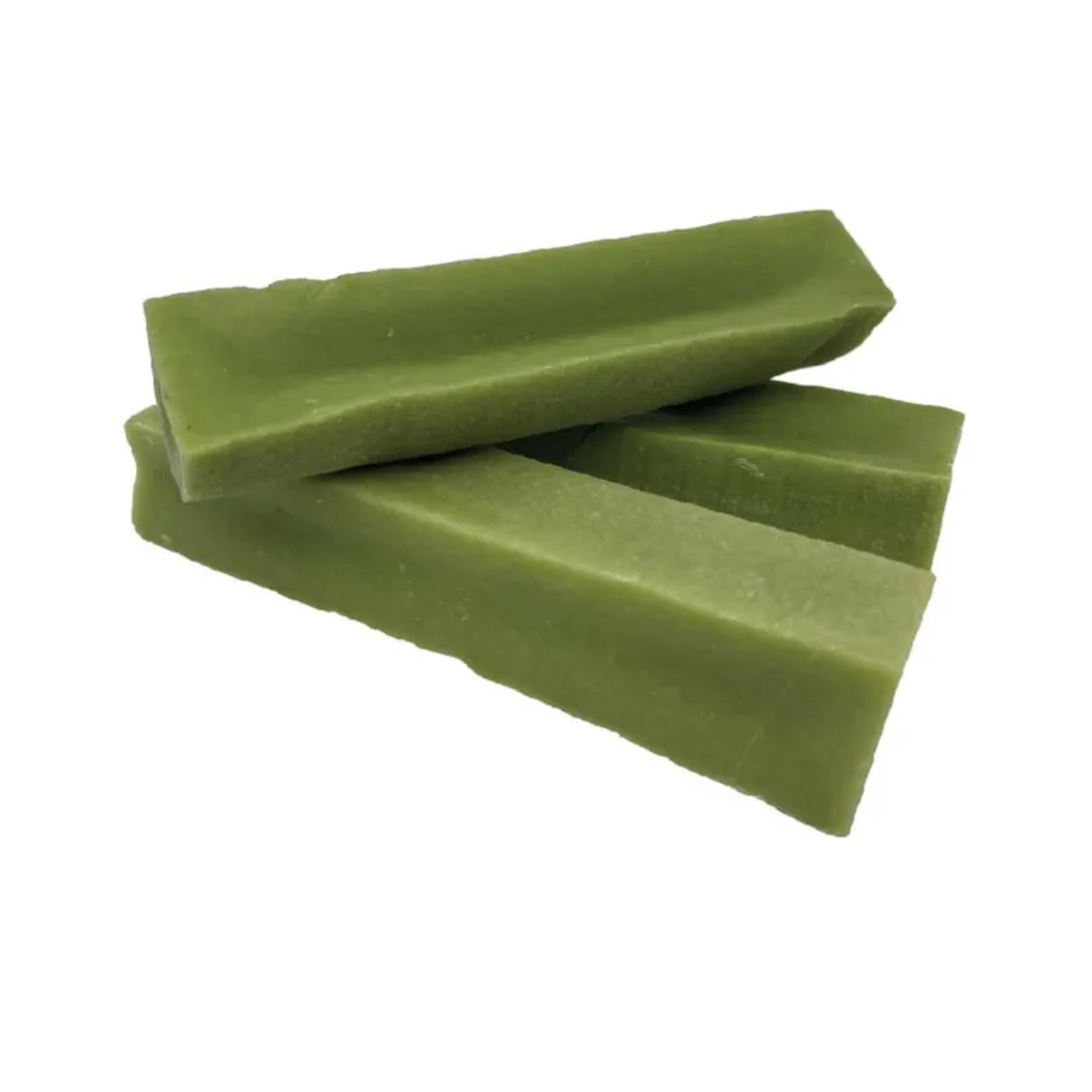 Three olive green rectangle dog chew sticks shown on a white background.