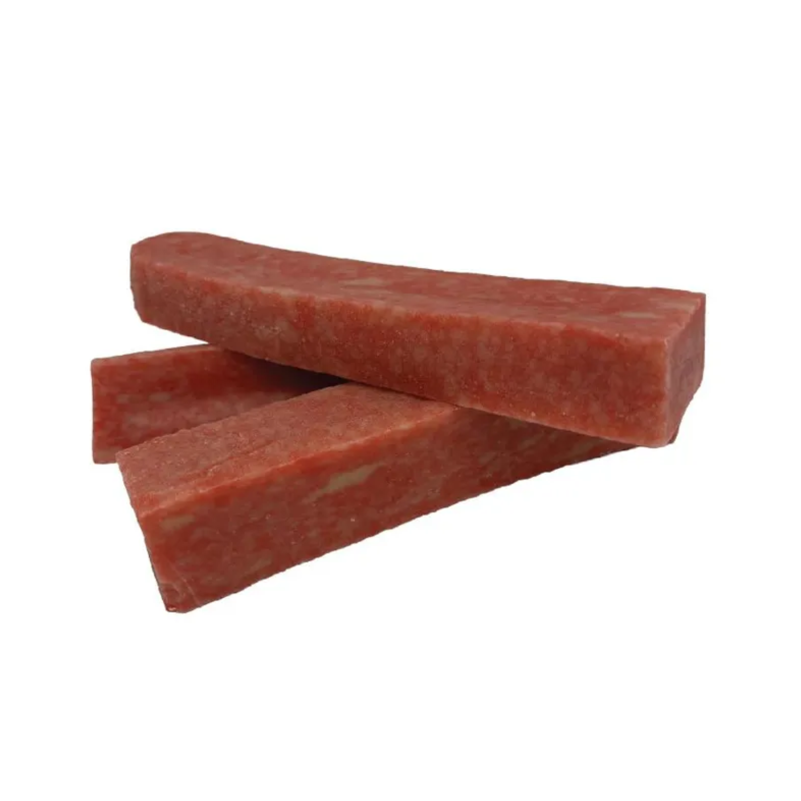 Three red rectangle dog chew sticks shown on a white background.