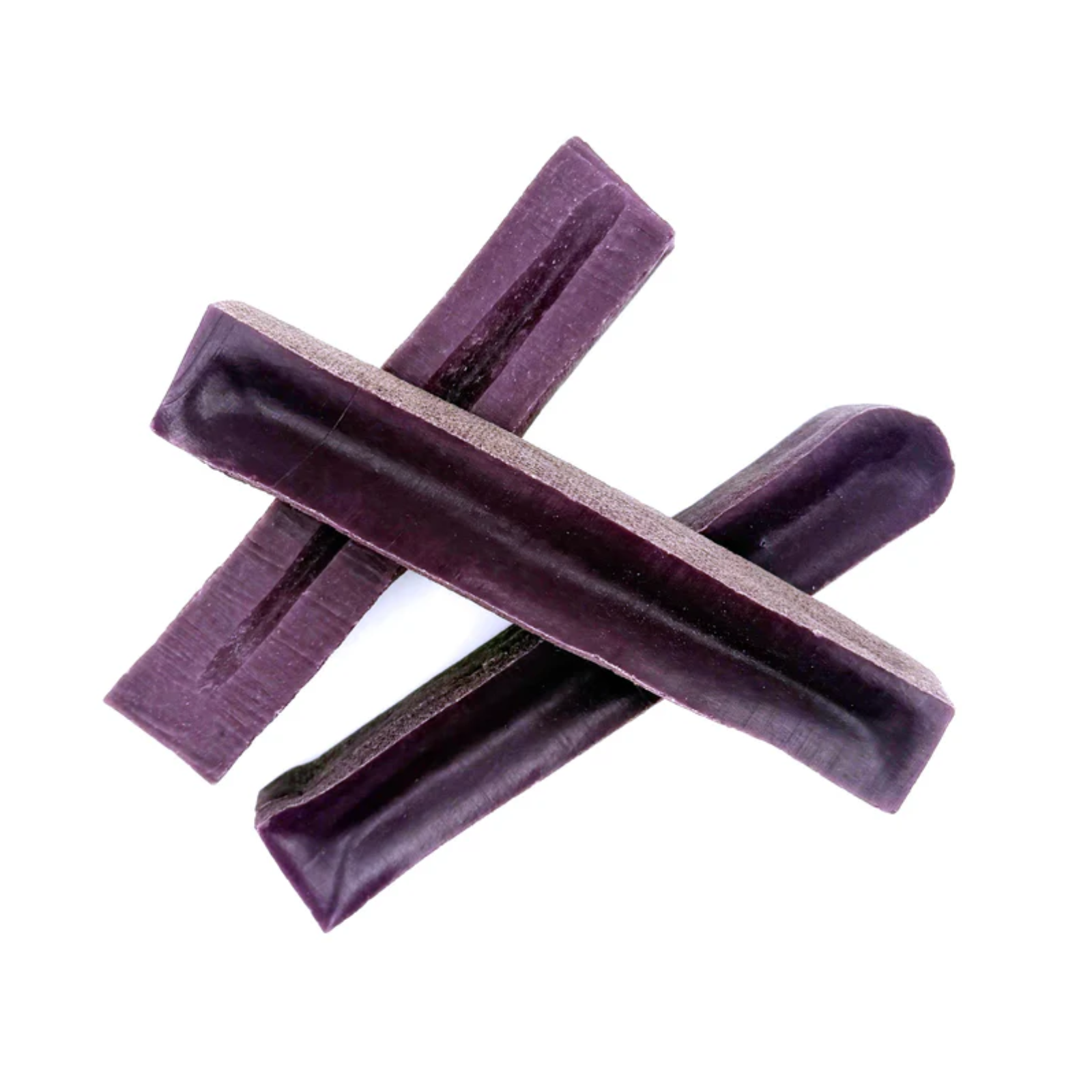 Three dark purple rectangle dog chew sticks shown on a white background.
