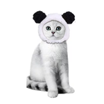 A white cat wearing a panda costume hood with black pom-pom ears, sitting against a plain white background.