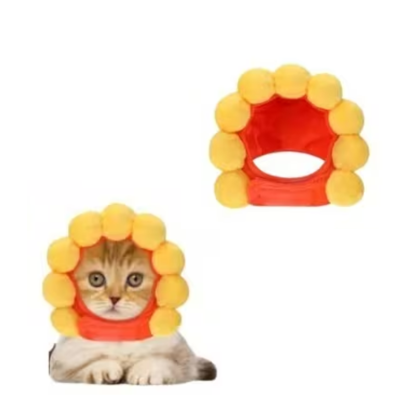 A lion-themed pet hat shown on a white background, with one view of the hat alone and another view of a cat wearing the hat. The hat has an orange center with yellow plush lion mane-like puffballs around the edge.