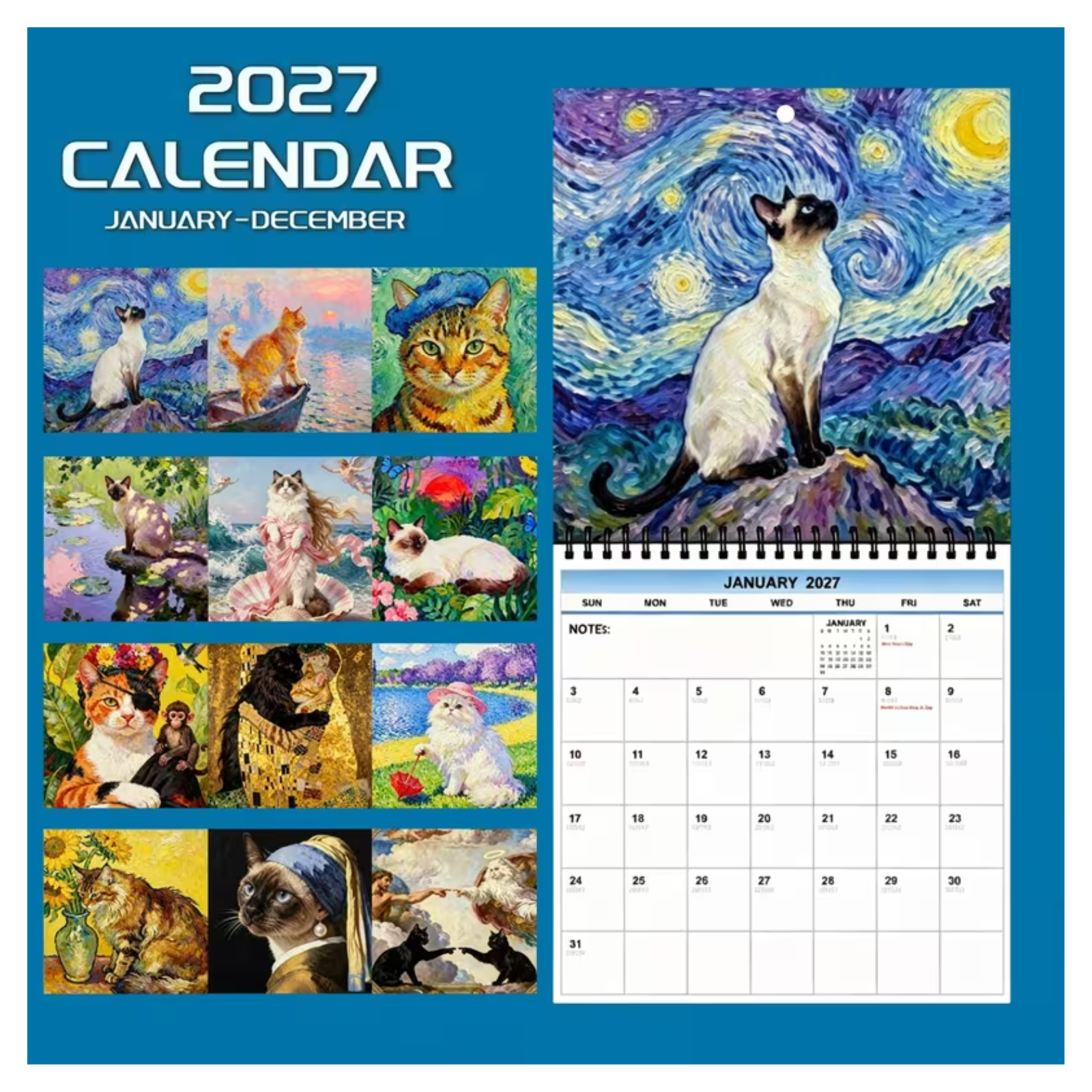 A 2027 wall calendar featuring cat illustrations in a Van Gogh-inspired style. The left side shows a collage of multiple cat paintings, while the right side displays a large cat painting above a January 2027 calendar grid, all set against a blue background.
