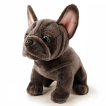 A realistic French Bulldog plush toy in dark gray with soft plush fabric, large upright ears, and shiny dark eyes, posed sitting against a clean white background.