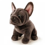 A realistic French Bulldog plush toy in dark gray with soft plush fabric, large upright ears, and shiny dark eyes, posed sitting against a clean white background.