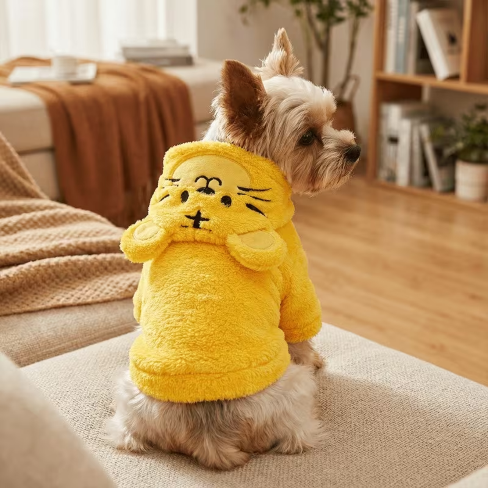 A small dog wearing a plush yellow hoodie with a cat face design, sitting on a beige sofa in a warm, cozy living room.