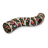 A fabric pet tunnel toy with a dark forest green background, decorated with a colorful pattern of mushrooms, flowers, and leaves, and wrapped with white elastic bands to create openings.