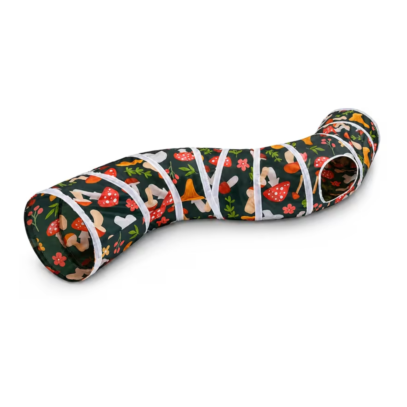 A fabric pet tunnel toy with a dark forest green background, decorated with a colorful pattern of mushrooms, flowers, and leaves, and wrapped with white elastic bands to create openings.