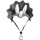 A dinosaur-style costume hat with a textured black and gray frill brim, three white faux-fur horns, and an adjustable black chin strap, shown on a plain white background.