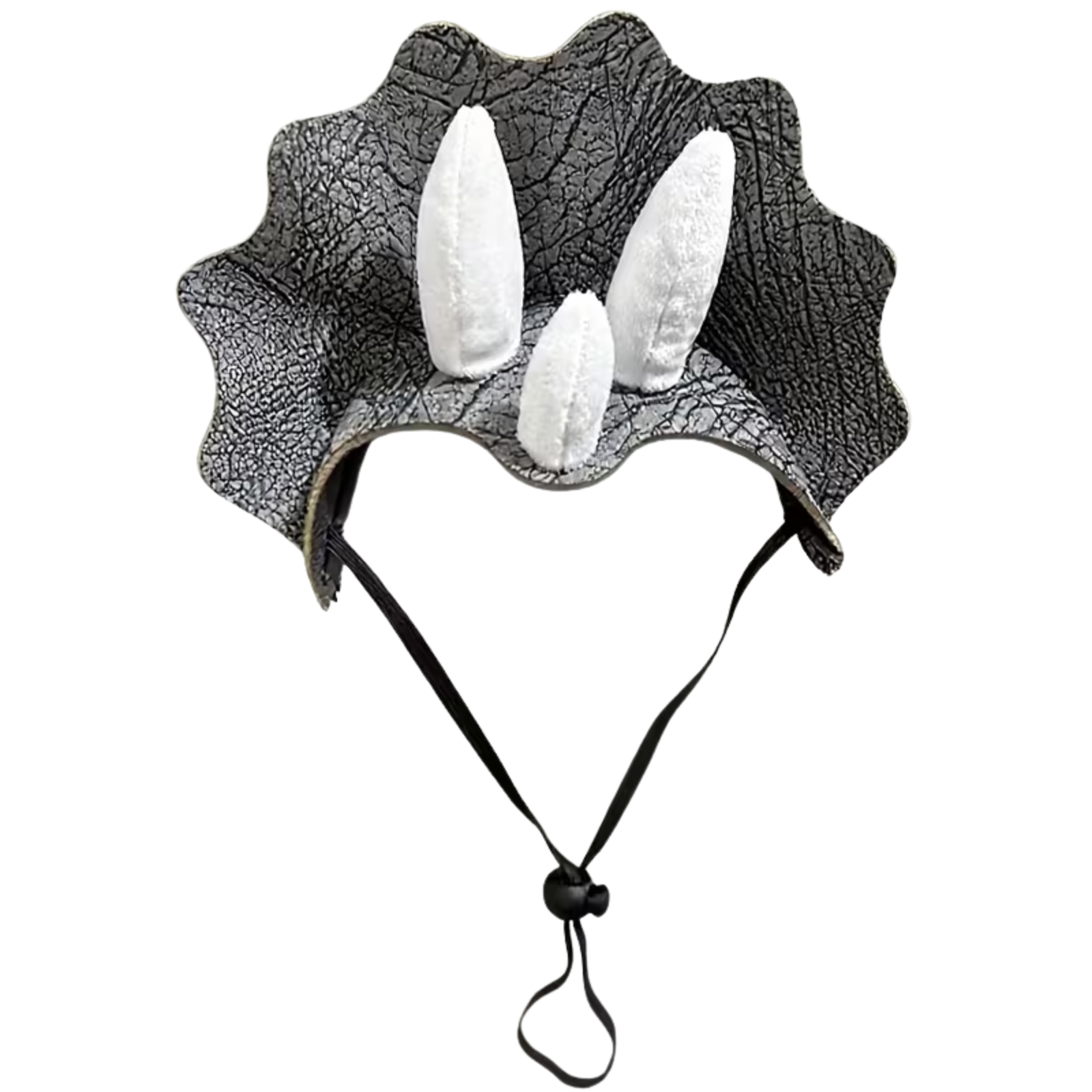 A dinosaur-style costume hat with a textured black and gray frill brim, three white faux-fur horns, and an adjustable black chin strap, shown on a plain white background.