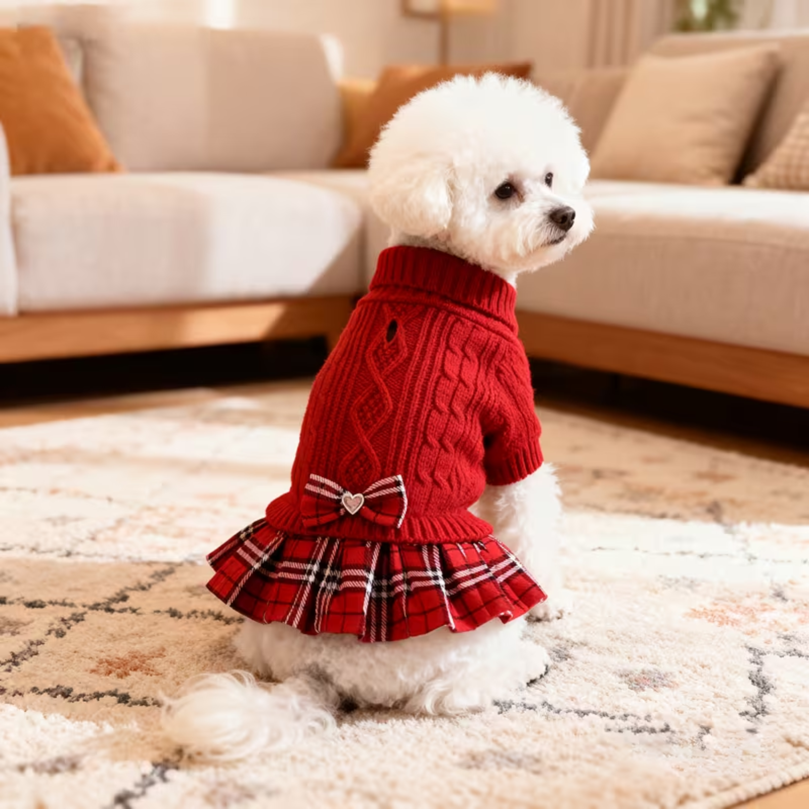 A sitting dog wearing a red knitted dress with red and white plaid hem. The dress has a plaid bow with a rhinestone heart in the center.