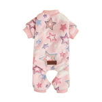 Plush pink pet pajamas with stars and moons against a white background.