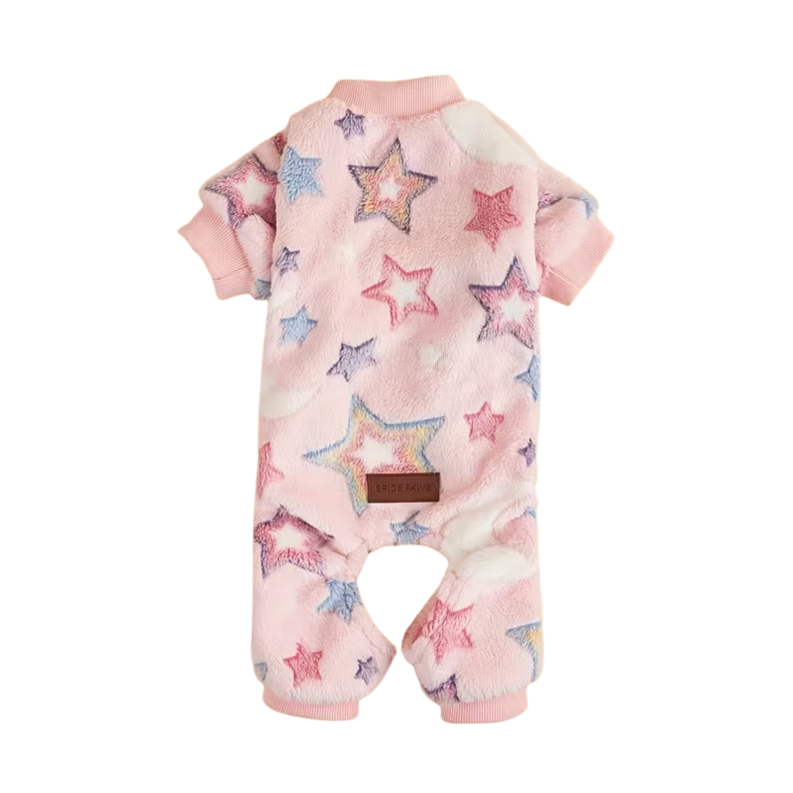 Plush pink pet pajamas with stars and moons against a white background.