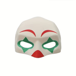 A white clown-style mask with red eyebrows and mouth details, and green diamond-shaped eye cutouts, shown on a plain white background.