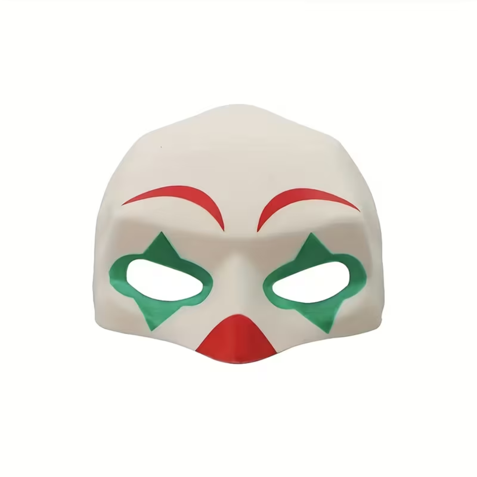 A white clown-style mask with red eyebrows and mouth details, and green diamond-shaped eye cutouts, shown on a plain white background.