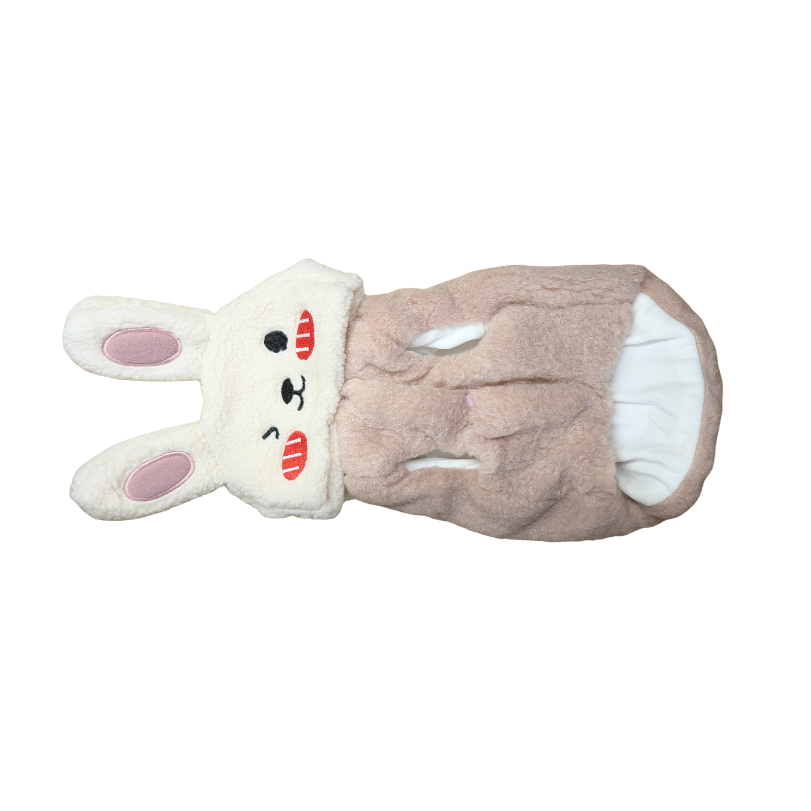 A plush bunny-shaped pet coat in soft white and light pink, with embroidered facial features and pink inner ears, shown on a plain white background.