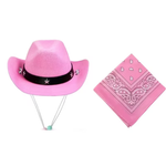 A pink cowboy hat with a black band and silver star details, shown next to a matching pink paisley bandana on a white background.