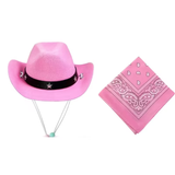 A pink cowboy hat with a black band and silver star details, shown next to a matching pink paisley bandana on a white background.
