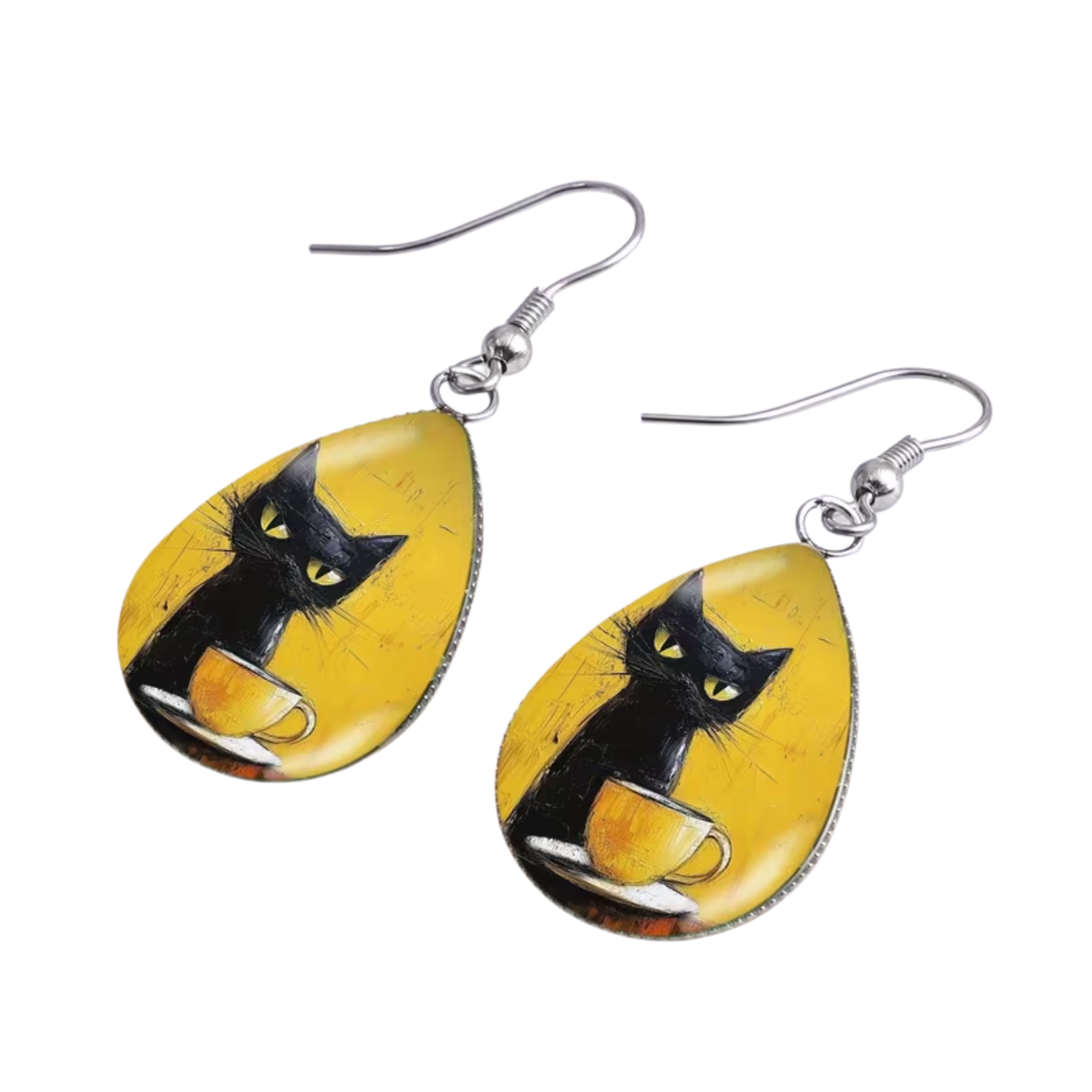 A pair of teardrop-shaped dangle earrings featuring a black cat with a yellow coffee cup against a textured yellow background, suspended from silver fishhook wires.