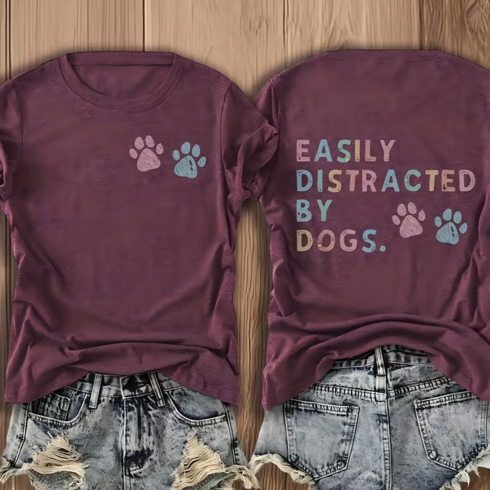 A flat-lay presentation of a burgundy t-shirt showing both front and back designs. The front features two paw prints in pastel pink and blue, while the back displays the text 'EASILY DISTRACTED BY DOGS.' and has two pastel paw prints.