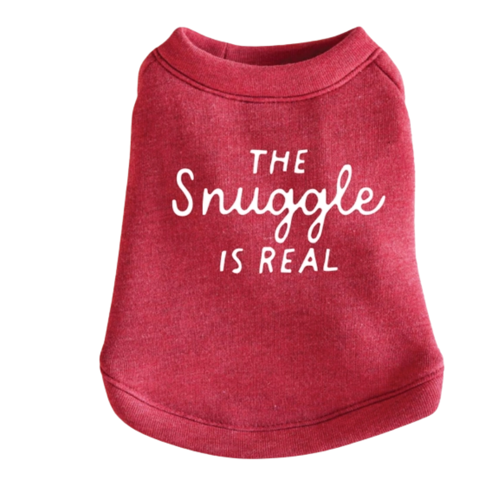 A heathered red dog sweatshirt featuring the phrase 'THE Snuggle IS REAL' printed in white across the front, shown against a plain white background.