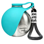 A stainless steel water bottle with a bright turquoise silicone sleeve, matching cap, and carrying loop, shown on a plain white background.