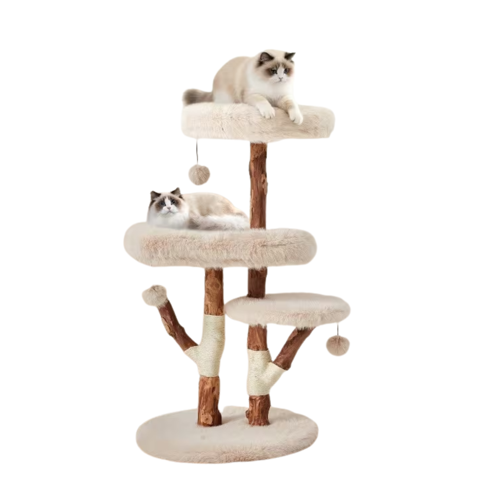 A multi-level cat tree with plush cream platforms, brown wooden posts, and hanging ball toys, shown with two cats resting on the levels against a plain white background.
