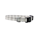 Grey and white checkered cat collar with a black buckle on a white background.