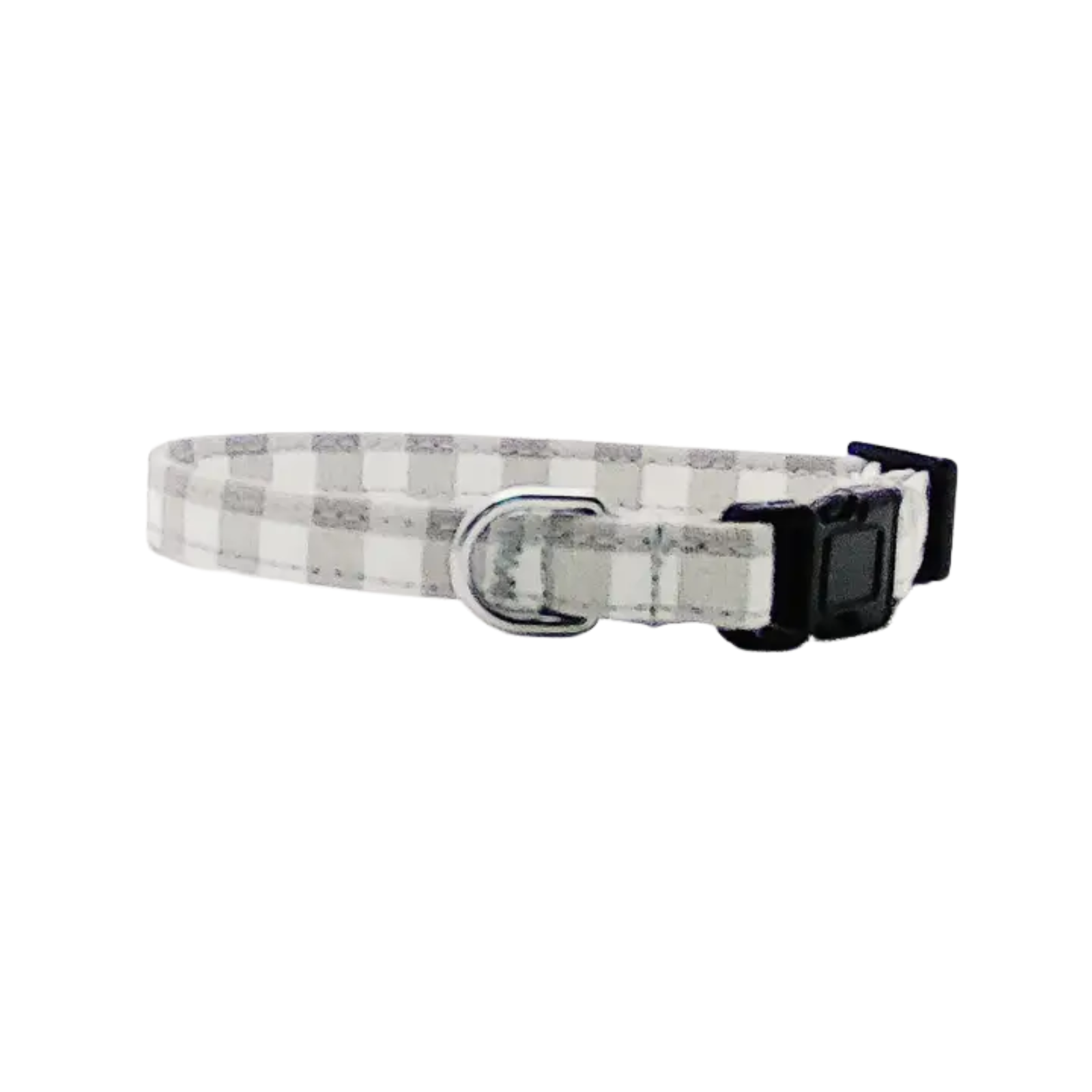 Grey and white checkered cat collar with a black buckle on a white background.