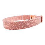 A pink fabric dog collar with a light pink polka dot pattern and a rose gold metal buckle, shown on a plain white background.