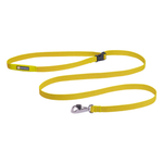 Yellow dog leash with a metal clip on a white background