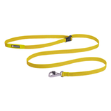 Yellow dog leash with a metal clip on a white background
