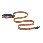 Dog leash with brown and tan cammo pattern on a white background.