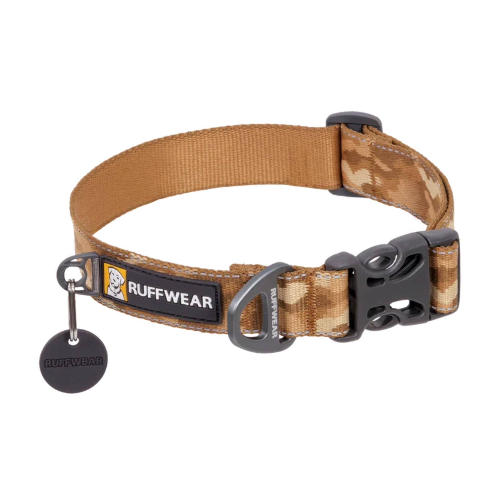 Dog collar with brown and tan cammo pattern displayed on a white background.