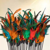 Colorful feathered sticks arranged on a white background