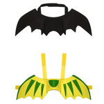 Two sets of felt costume wings, one black and one yellow with green stripes, on a solid white background.