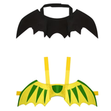 Two sets of felt costume wings, one black and one yellow with green stripes, on a solid white background.